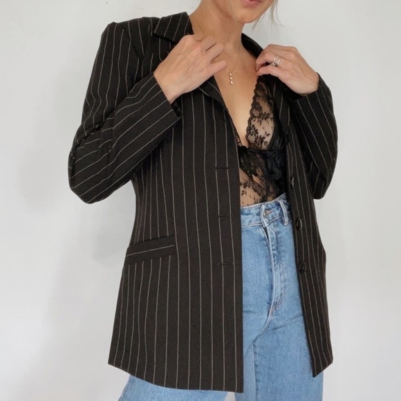 💫 VINTAGE | Pinstripe Long Line Monochrome 80s Style Lightweight Blazer Jacket - Picture 1 of 5